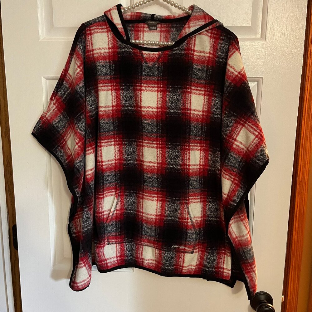 Eddie Bauer Ladies Plaid Hooded Fleece Poncho Size M/L